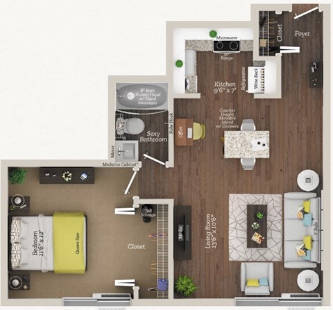 Floor plan for 1 bed, 1 bath, 550 sqft
